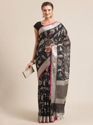 Black cotton woven saree with blouse 4