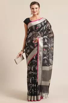 Black cotton woven saree with blouse