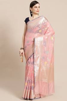 Pink cotton woven saree with blouse
