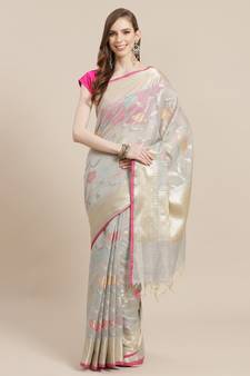 Grey cotton woven saree with blouse