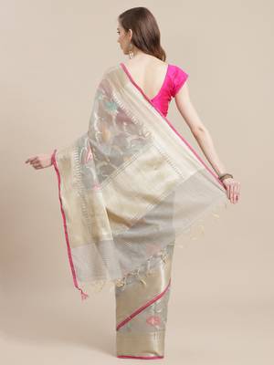 Grey cotton woven saree with blouse 2