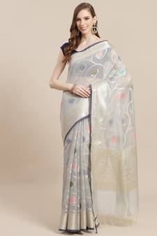 Grey cotton woven saree with blouse
