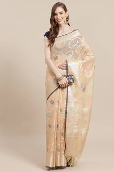 Peach cotton woven saree with blouse