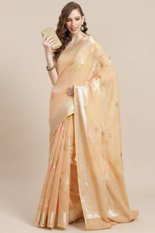 Beige cotton woven saree with blouse