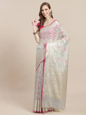 Grey cotton woven saree with blouse 1