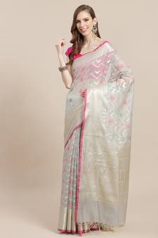 Grey cotton woven saree with blouse