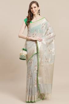 Beige cotton woven saree with blouse