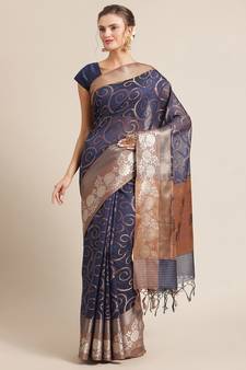Blue cotton woven saree with blouse