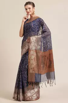 Blue cotton woven saree with blouse