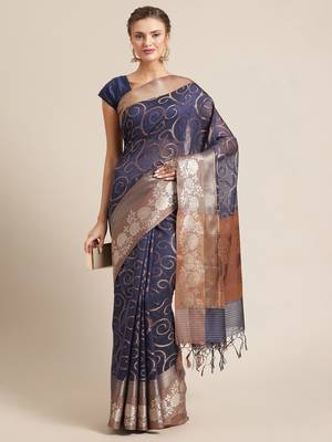 Blue cotton woven saree with blouse 4
