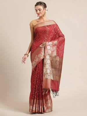 Red cotton woven saree with blouse 1
