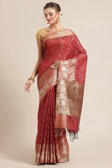 Red cotton woven saree with blouse
