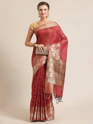 Red cotton woven saree with blouse 4