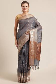 Grey cotton woven saree with blouse
