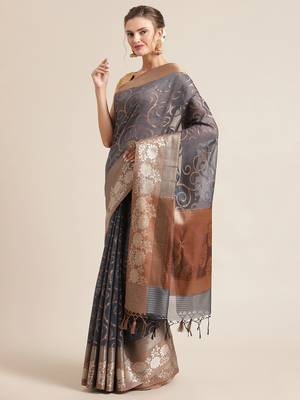 Grey cotton woven saree with blouse 3