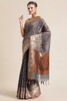 Grey cotton woven saree with blouse