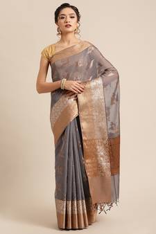 Grey cotton woven saree with blouse