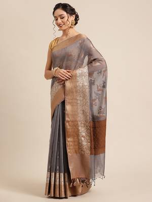 Grey cotton woven saree with blouse 3