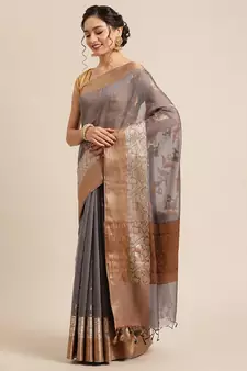 Grey cotton woven saree with blouse