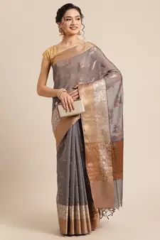 Grey cotton woven saree with blouse