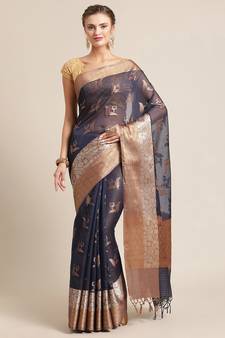 Blue cotton woven saree with blouse