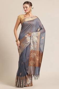 Grey cotton woven saree with blouse