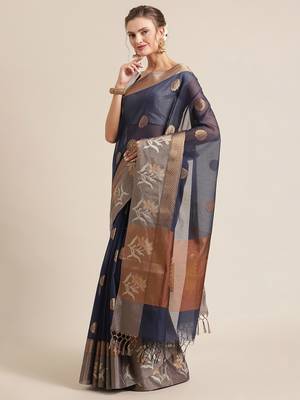 Blue cotton woven saree with blouse 3
