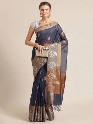 Blue cotton woven saree with blouse 4