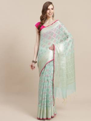 green cotton woven saree with blouse 1