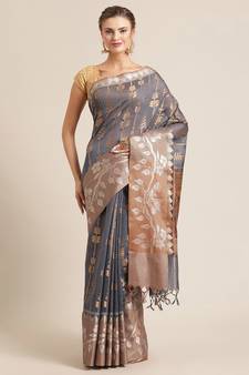 Grey cotton woven saree with blouse