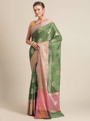 Green silk woven saree with blouse 3