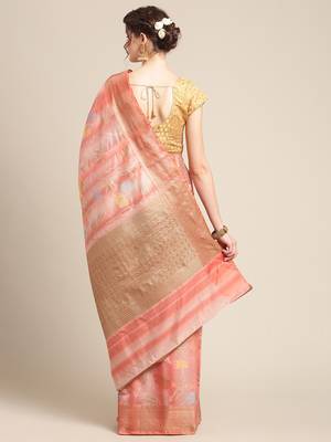 Pink silk woven saree with blouse 2