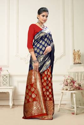 Navy Blue Art Silk Woven  Saree With Blouse 3