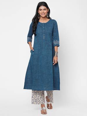 Blue plain cotton ethnic-kurtis 1