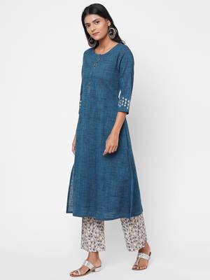Blue plain cotton ethnic-kurtis 4