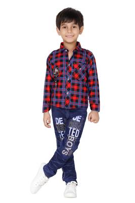 Red embroidered blended cotton boys shirt and jeans 1