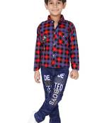 Red embroidered blended cotton boys shirt and jeans