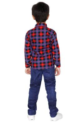 Red embroidered blended cotton boys shirt and jeans 2