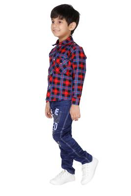 Red embroidered blended cotton boys shirt and jeans 3