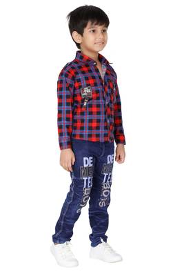 Red embroidered blended cotton boys shirt and jeans 4