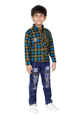 Turquoise embroidered blended cotton boys shirt and jeans 1