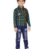 Turquoise embroidered blended cotton boys shirt and jeans
