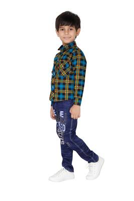 Turquoise embroidered blended cotton boys shirt and jeans 3