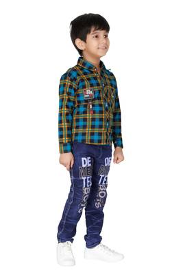 Turquoise embroidered blended cotton boys shirt and jeans 4