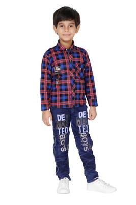 Blue embroidered blended cotton boys shirt and jeans 1