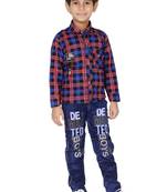 Blue embroidered blended cotton boys shirt and jeans