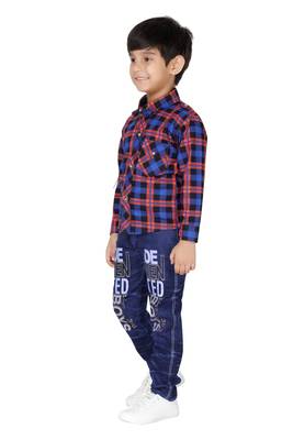 Blue embroidered blended cotton boys shirt and jeans 3