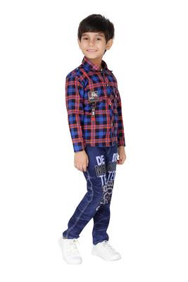 Blue embroidered blended cotton boys shirt and jeans 4