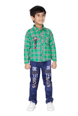 Green embroidered blended cotton boys shirt and jeans 1