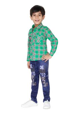 Green embroidered blended cotton boys shirt and jeans 3